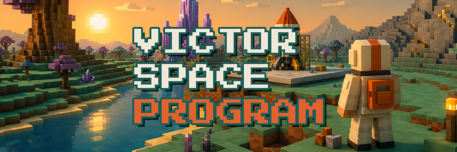 Victor Space Program key art — an explorer in a voxel alien world, looking toward a rocket on its launchpad at sunset